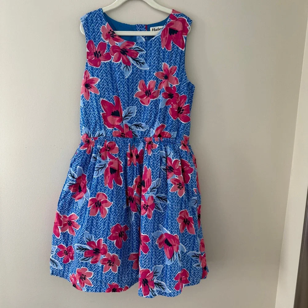 Hatley Girls Blue Chevron Pink Floral Cotton Fit and Flare Dress Size 12